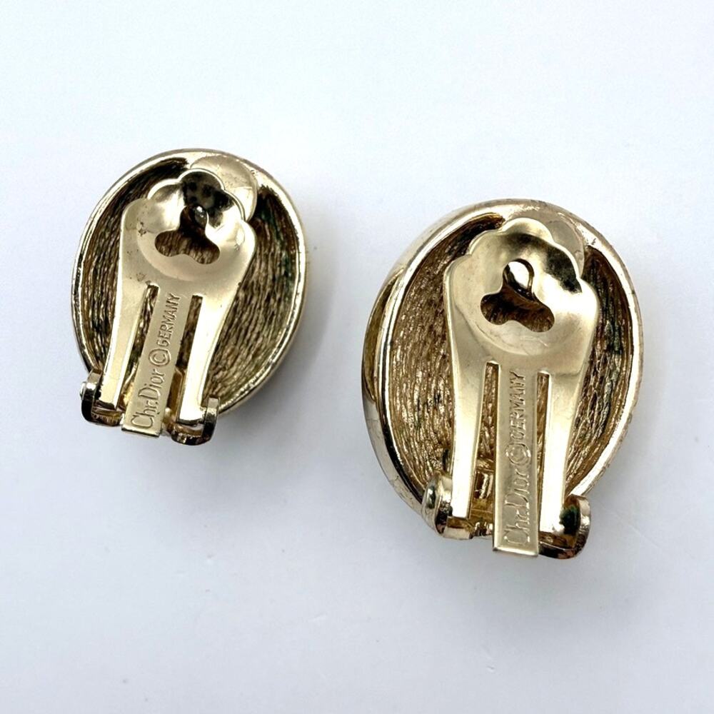 VTG CHRISTIAN DIOR Earrings Oval Black Glass Cabochon Crystal Clip On Gold Plate - Picture 3 of 7